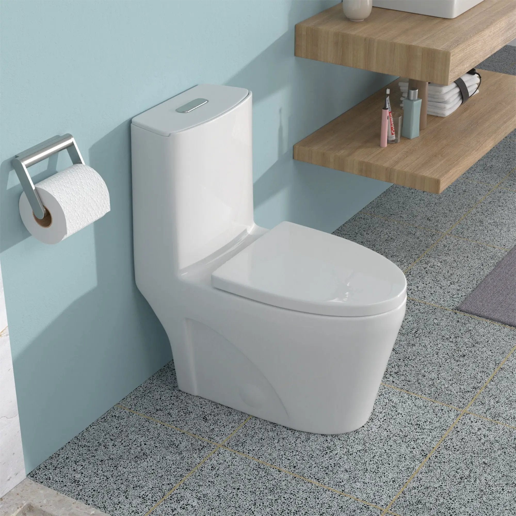 1 Piece Toilet For Bathroom, Dual Flush 1.24 / 1.6 Gpf, Soft Closing Seat - White by HouseOfZazla