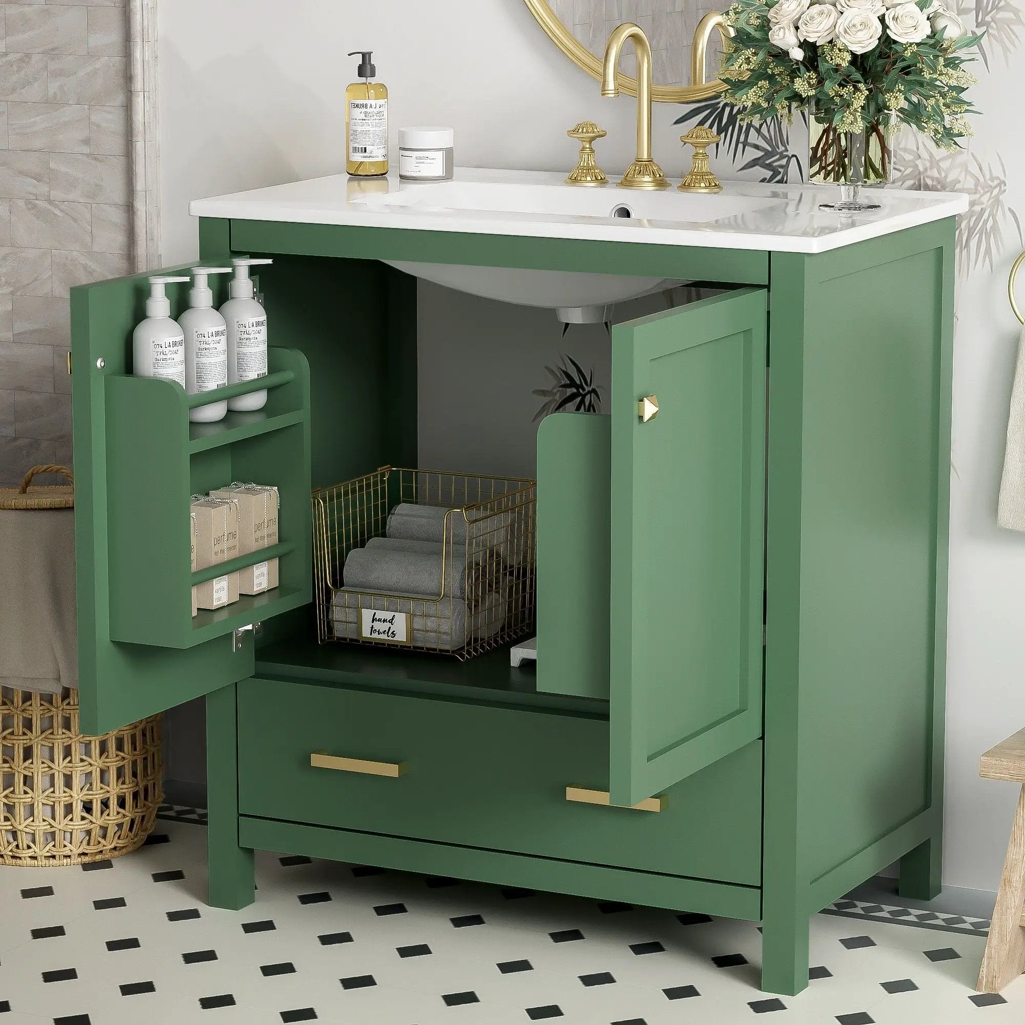 Bathroom Vanity With Single Sink, Combo Cabinet Undermount Sink, Bathroom Storage Cabinet With 2 Doors And A Drawer, Soft Closing, Multifunctional Storage, Solid Wood Frame by Unique Piece Furniture
