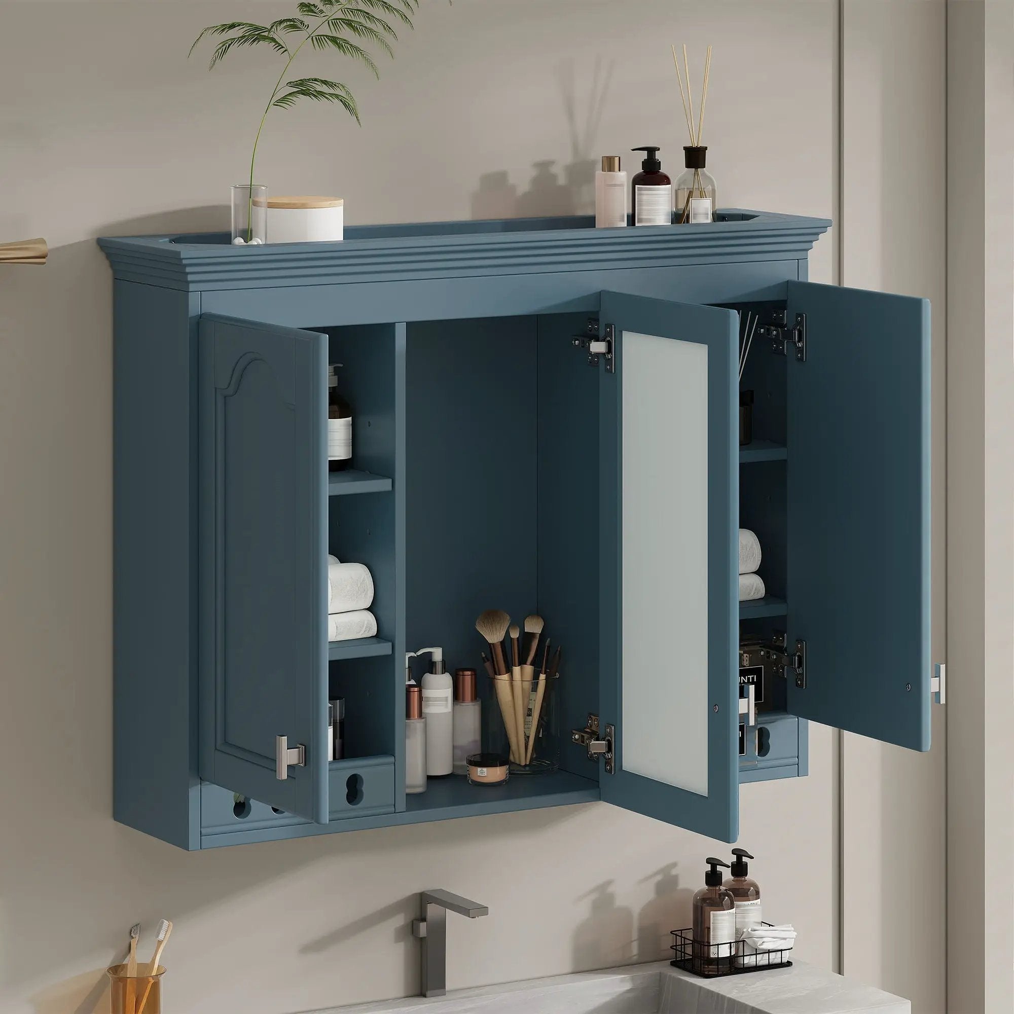 Wall Mount Mirror Cabinet With Adjustable Shelves, Soft Closing Hinges