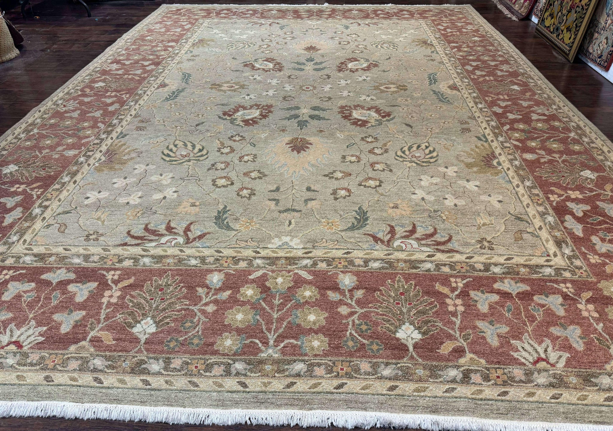 Large Turkish Soumak Rug 10x14, Flatweave Dhurrie, Handmade, Light Green and Salmon by Jewel Rugs