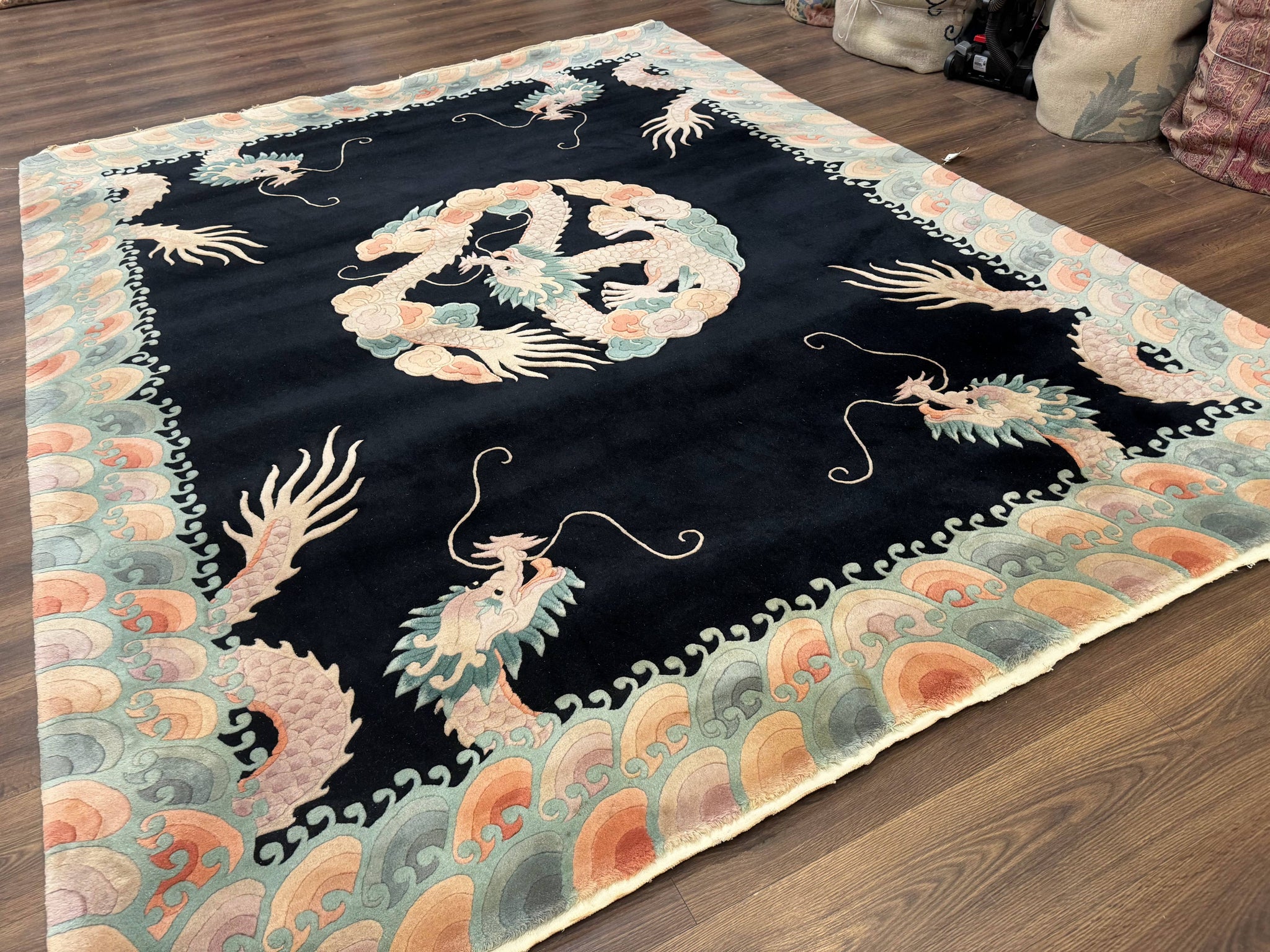 Black Chinese Wool Rug 8x10 with Dragons, Rainbow Borders, Rare by Jewel Rugs