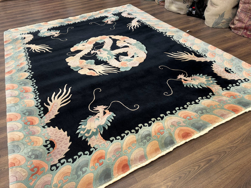 Black Chinese Wool Rug 8x10 with Dragons, Rainbow Borders, Rare by Jewel Rugs