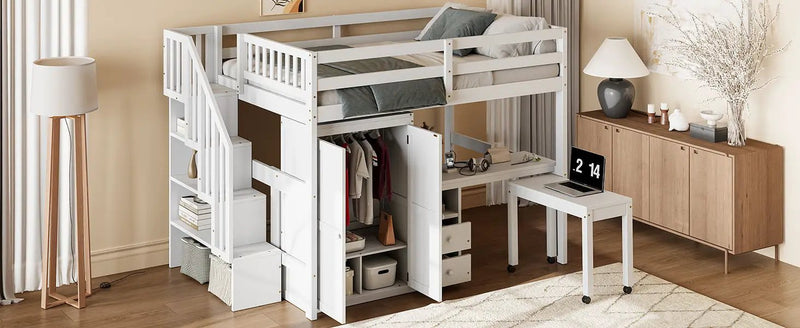 Loft Bed With Stairs, Bookshelf, Drawers, Desk & Wardrobe, Space Saving Multifunctional Furniture by HouseOfZazla