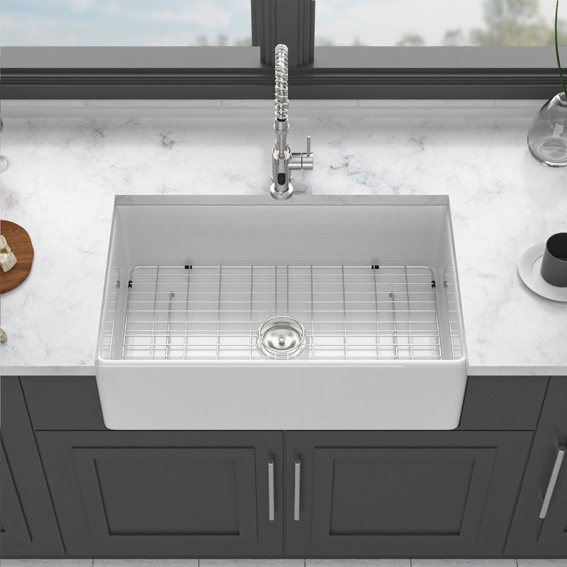 Ceramic Farmhouse Sink With Deep Basin And Stainless Steel Grid by HouseOfZazla