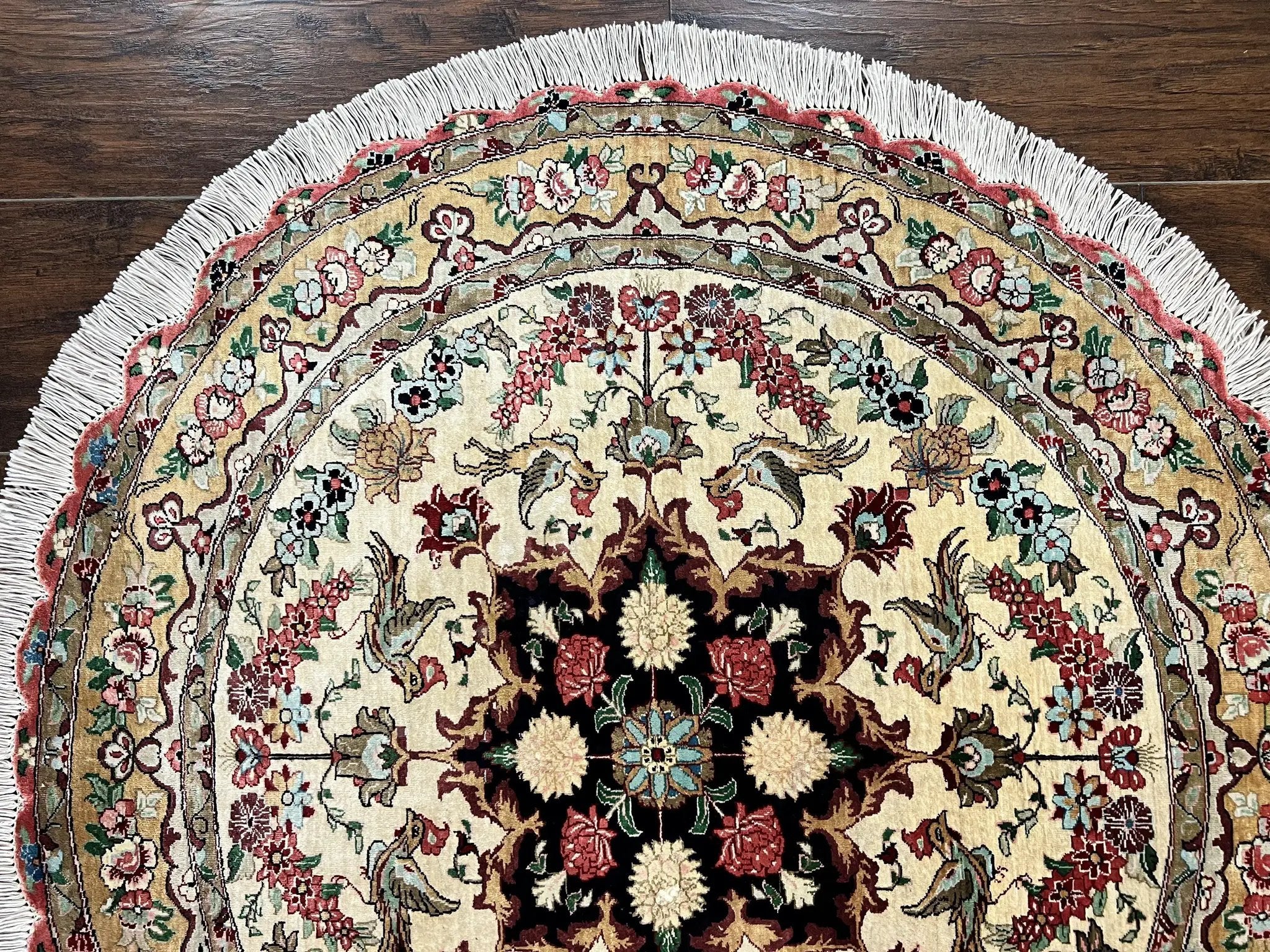 Silk Persian Tabriz Round Rug 3x3 ft, Very Fine Hand Knotted Carpet 380 KPSI, Cream & Gold, Bird Pictorials, Floral, Rare by Jewel Rugs