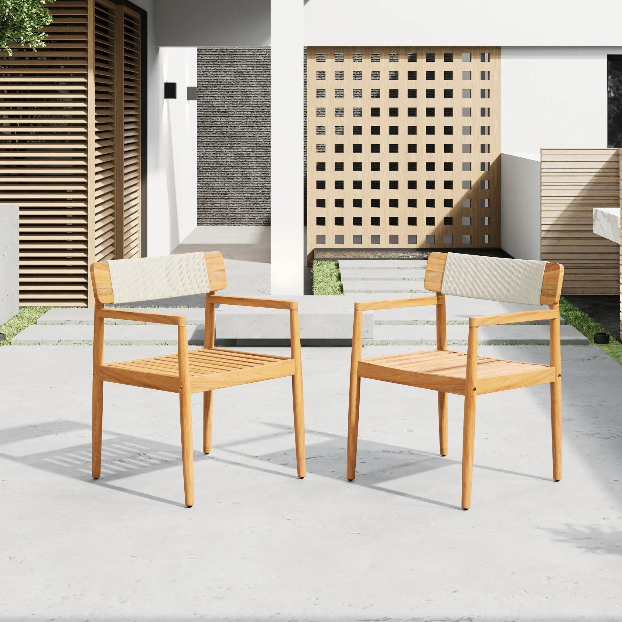 Creative Braided Acacia Wood Outdoor Dining Chairs with Armrests (Set of 2) - Teak / White by HouseOfZazla