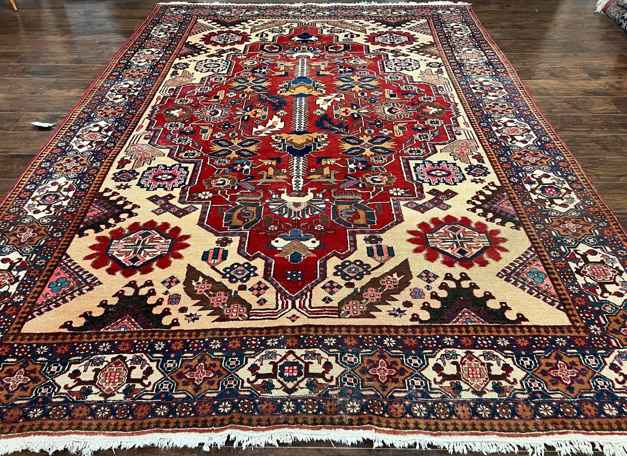 Antique Persian Heriz Rug 8x12 ft, Geometric Tribal Room Sized Carpet, Camel Hair Red Navy Blue, Wool Hand Knotted Medallion Oriental Carpet by Jewel Rugs