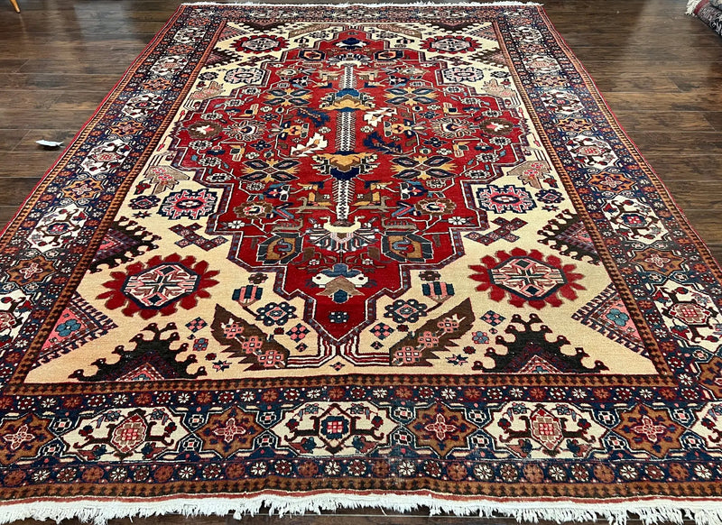 Antique Persian Heriz Rug 8x12 ft, Geometric Tribal Room Sized Carpet, Camel Hair Red Navy Blue, Wool Hand Knotted Medallion Oriental Carpet by Jewel Rugs