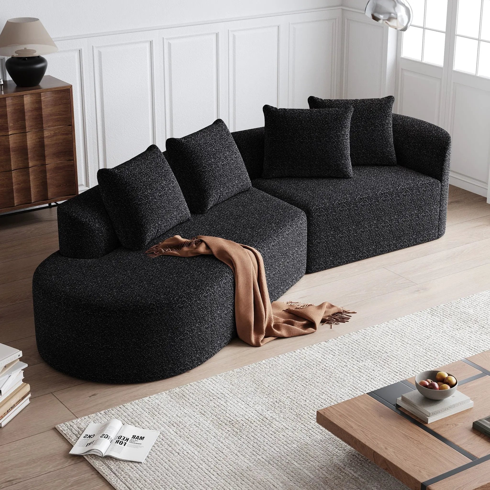 Upholstered Oversized Sectional Sofa, 4 Seater Extra Deep & Wide Seat Curved Cloud Couch With 4 Throw Pillows, Free Combination Living Room - Black by HouseOfZazla