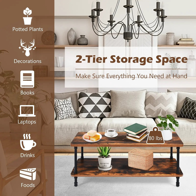 Industrial Vintage Coffee Table with 2-Tier Storage Shelf by DirectDeals