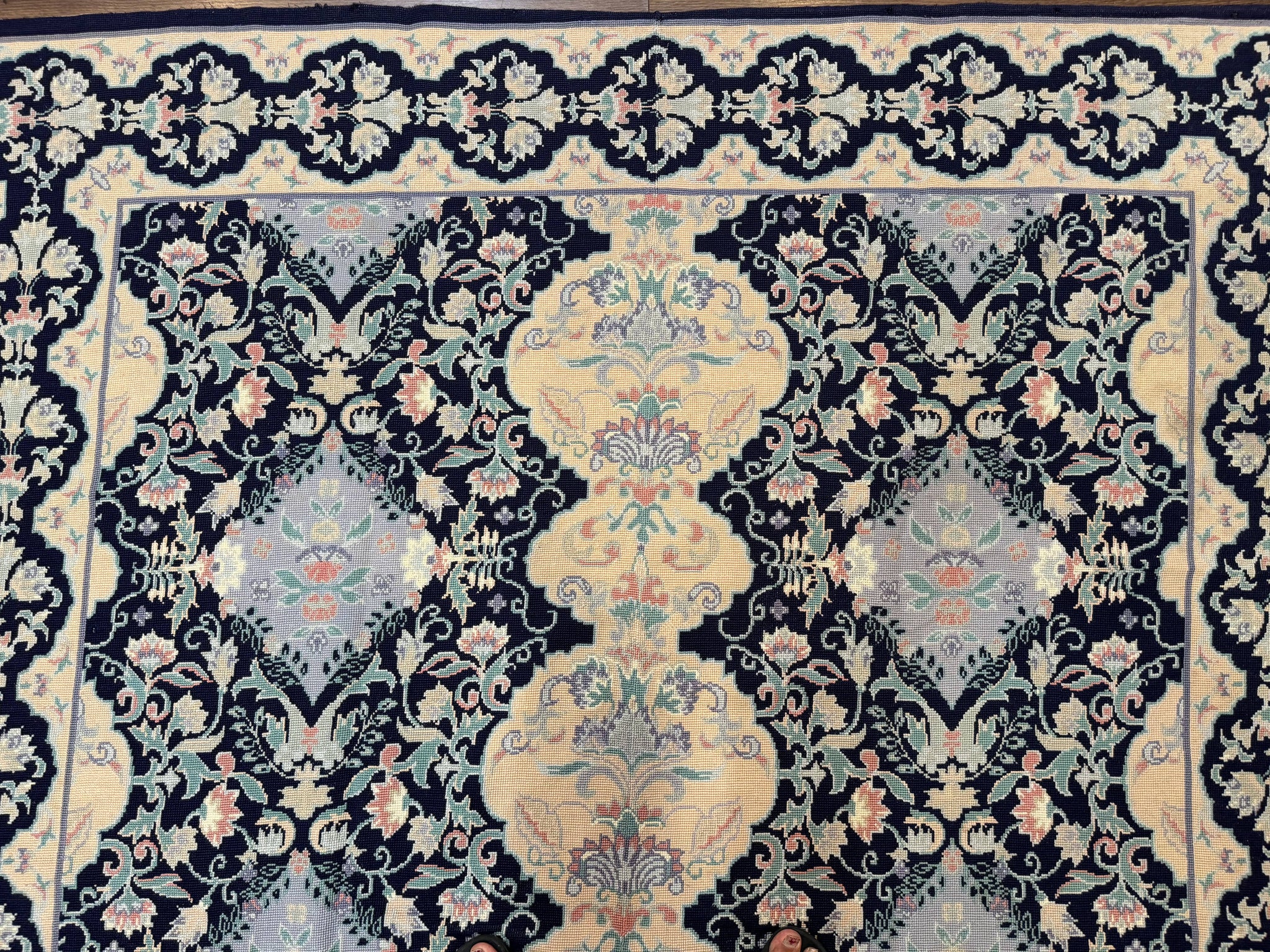 Needlepoint Rug 6x9, Ivory and Navy Blue by Jewel Rugs