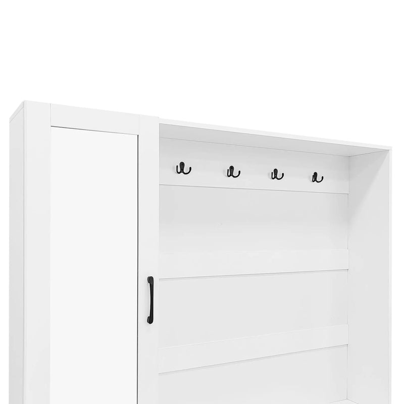 Entryway Bench With Integrated Shoe Cabinet, 3 In 1 Design And Mirrored Cabinet Door, Hall Tree With 4 Sturdy Hooks And Foldable Seat For Entrance, Living Room - White by HouseOfZazla