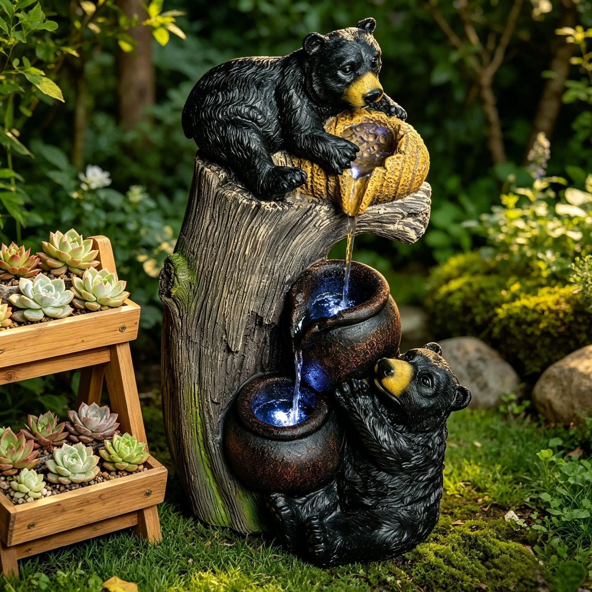 Bear Tree Stump Outdoor Water Fountain With LED Lights - Brown Gray by Unique Piece Furniture