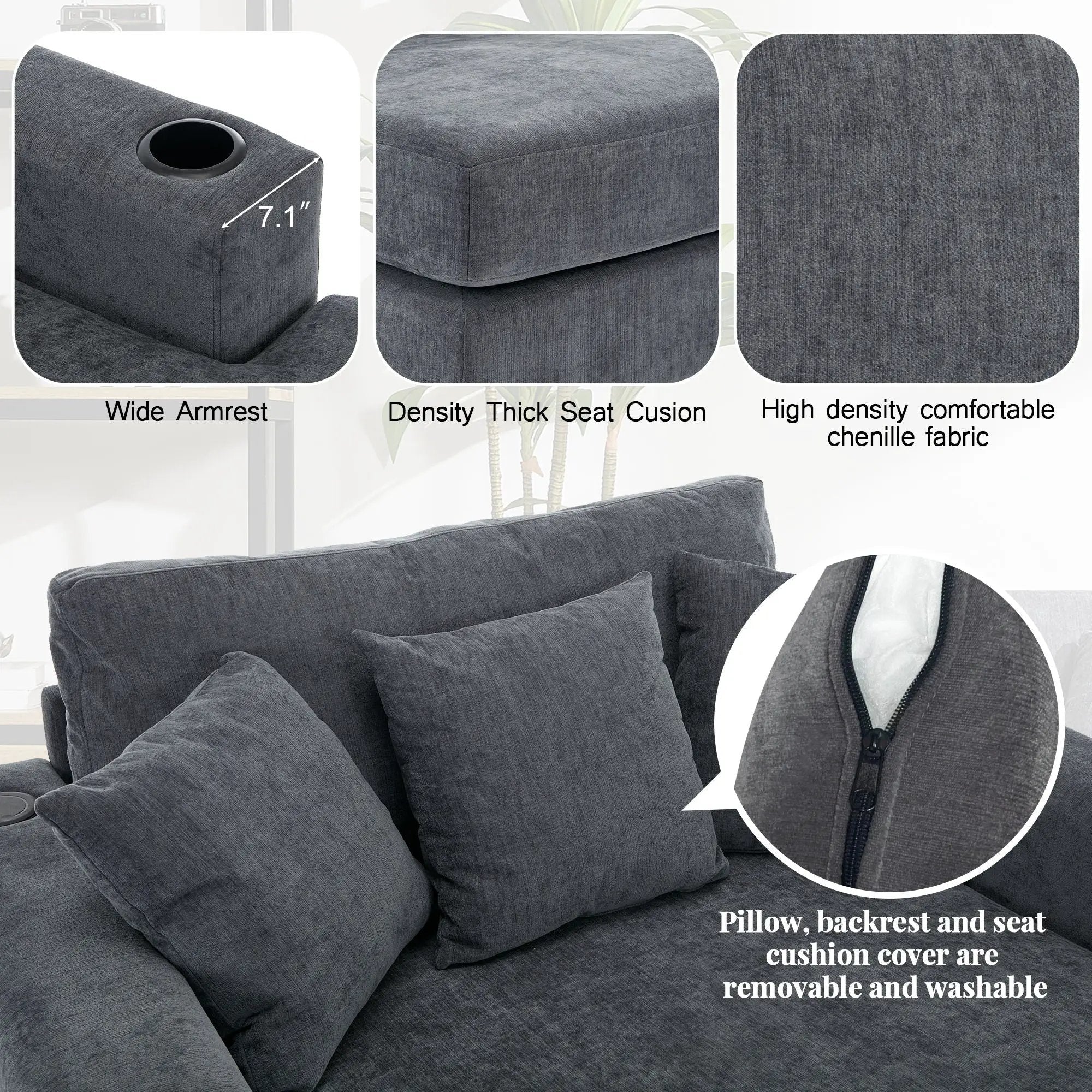 Oversized Chaise Lounger Modern Style Sofa Couch, With Pillows, Charge Station & Cup Holders by Unique Piece Furniture
