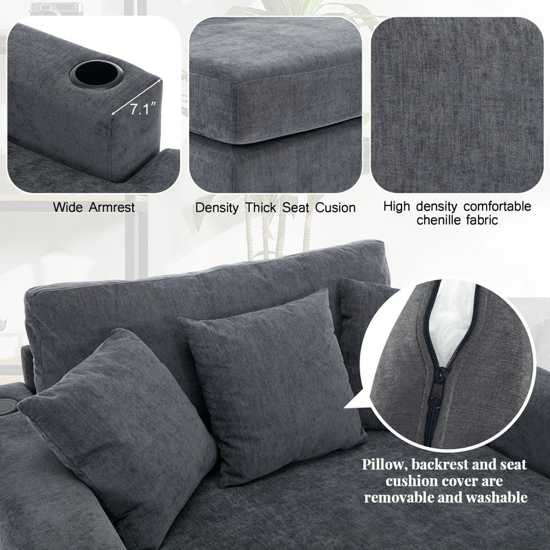 Oversized Chaise Lounger Modern Style Sofa Couch, With Pillows, Charge Station & Cup Holders by Unique Piece Furniture