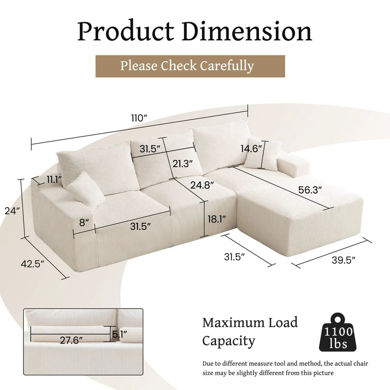 L Shaped Sectional Sofa, Full Compression 3 Seater Cloud Couch With Chaise by Unique Piece Furniture