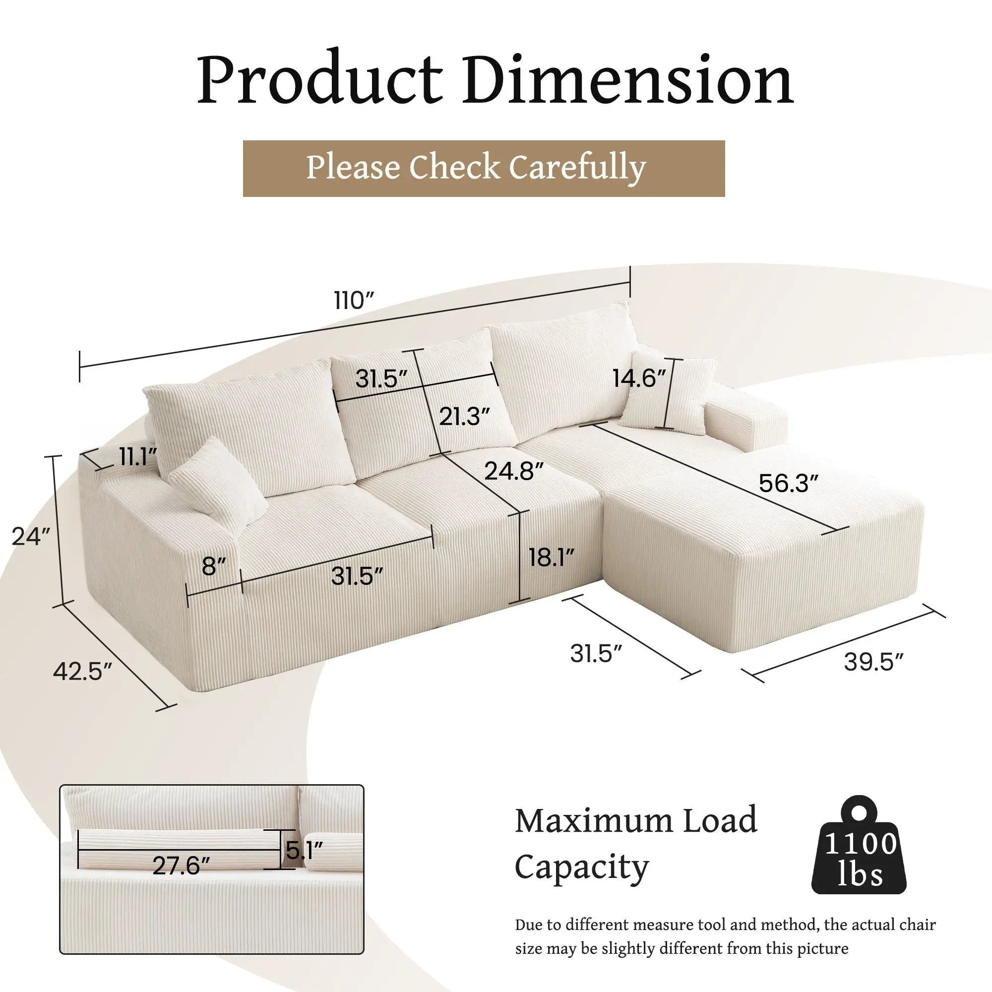 L Shaped Sectional Sofa, Full Compression 3 Seater Cloud Couch With Chaise by HouseOfZazla