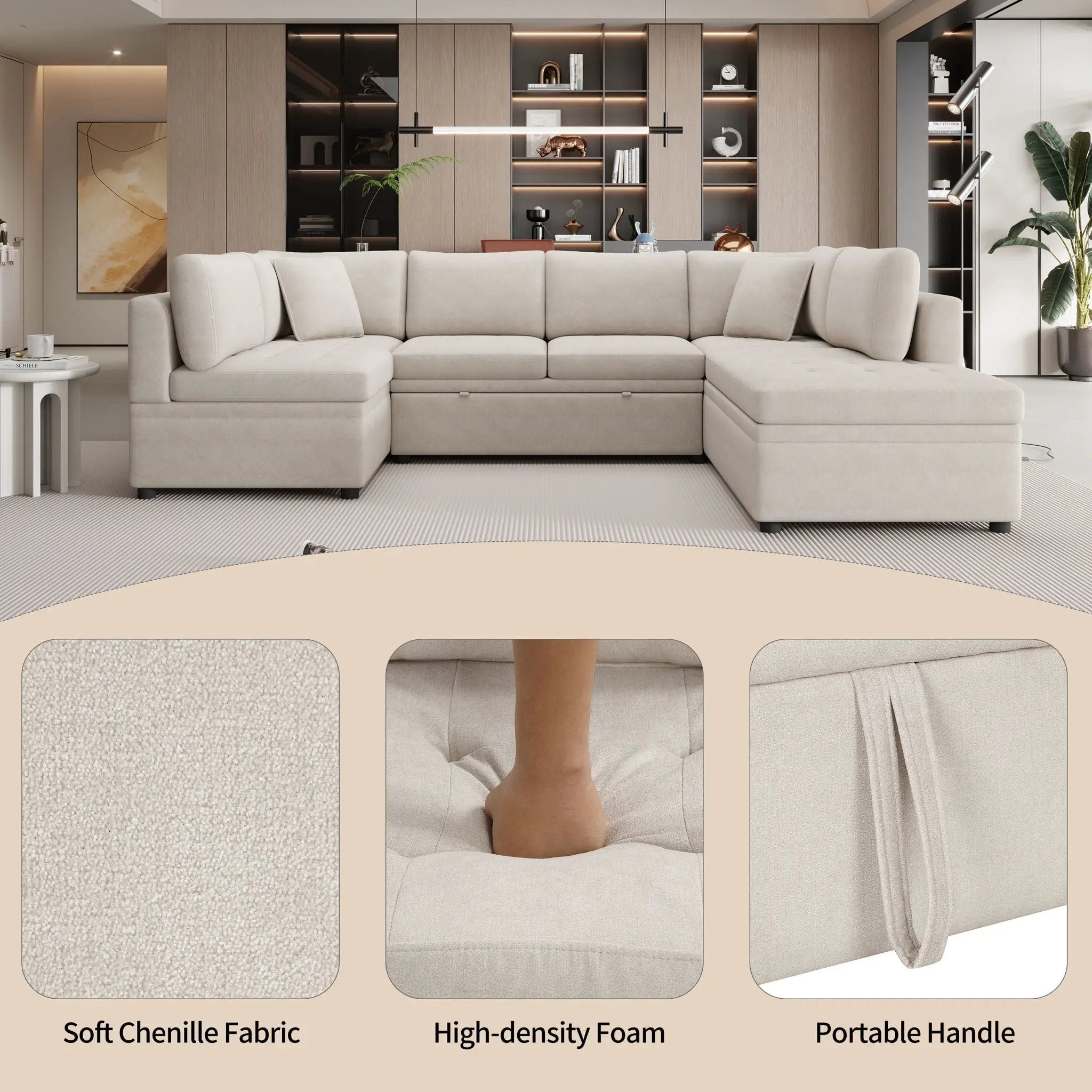 Oversized Sectional Sofa U-Shaped Sofa Couch Pull-Out Sofa Bed With Two Throw Pillows For Living Room by Unique Piece Furniture