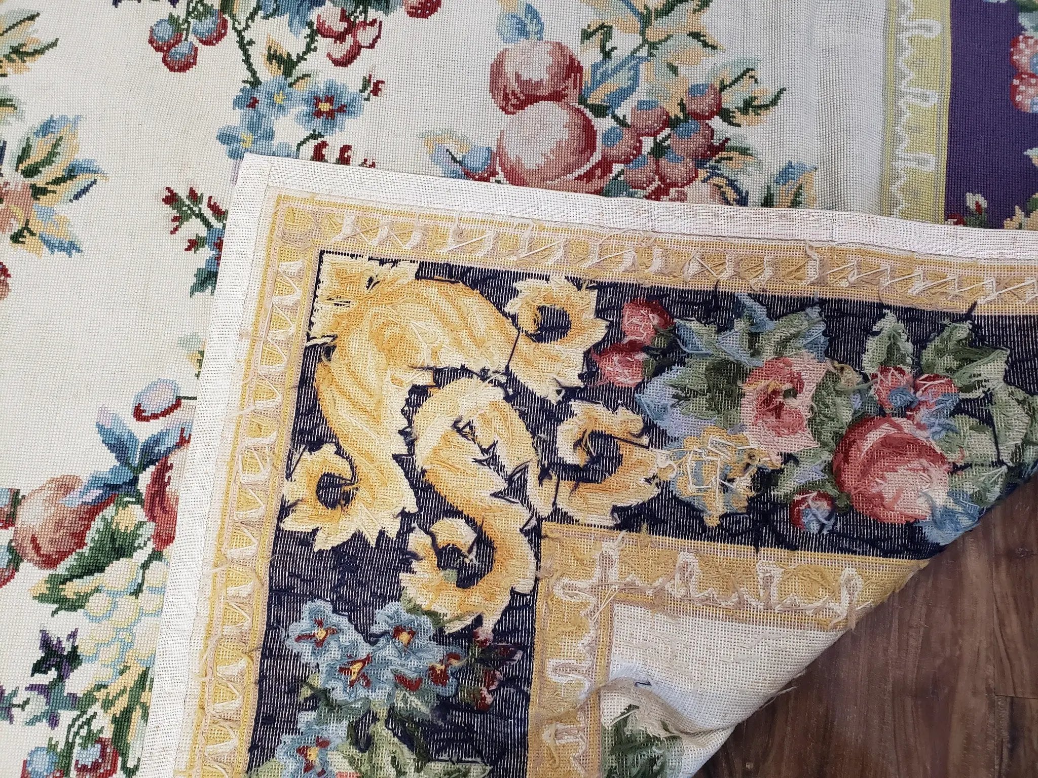 Vintage Chinese Floral Needlepoint Area Rug 6x9, Wool Hand-Woven Handmade Flatweave Rug, Ivory & Purple, Fruits Grapes Apples, Dining Room by Jewel Rugs