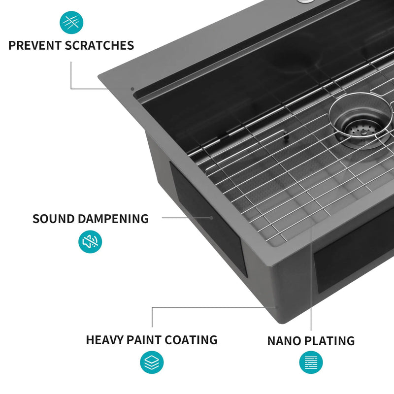 33" Drop In Kitchen Sink With Ledge Workstation, 16 Gauge Stainless Steel - Gunmetal Black by HouseOfZazla