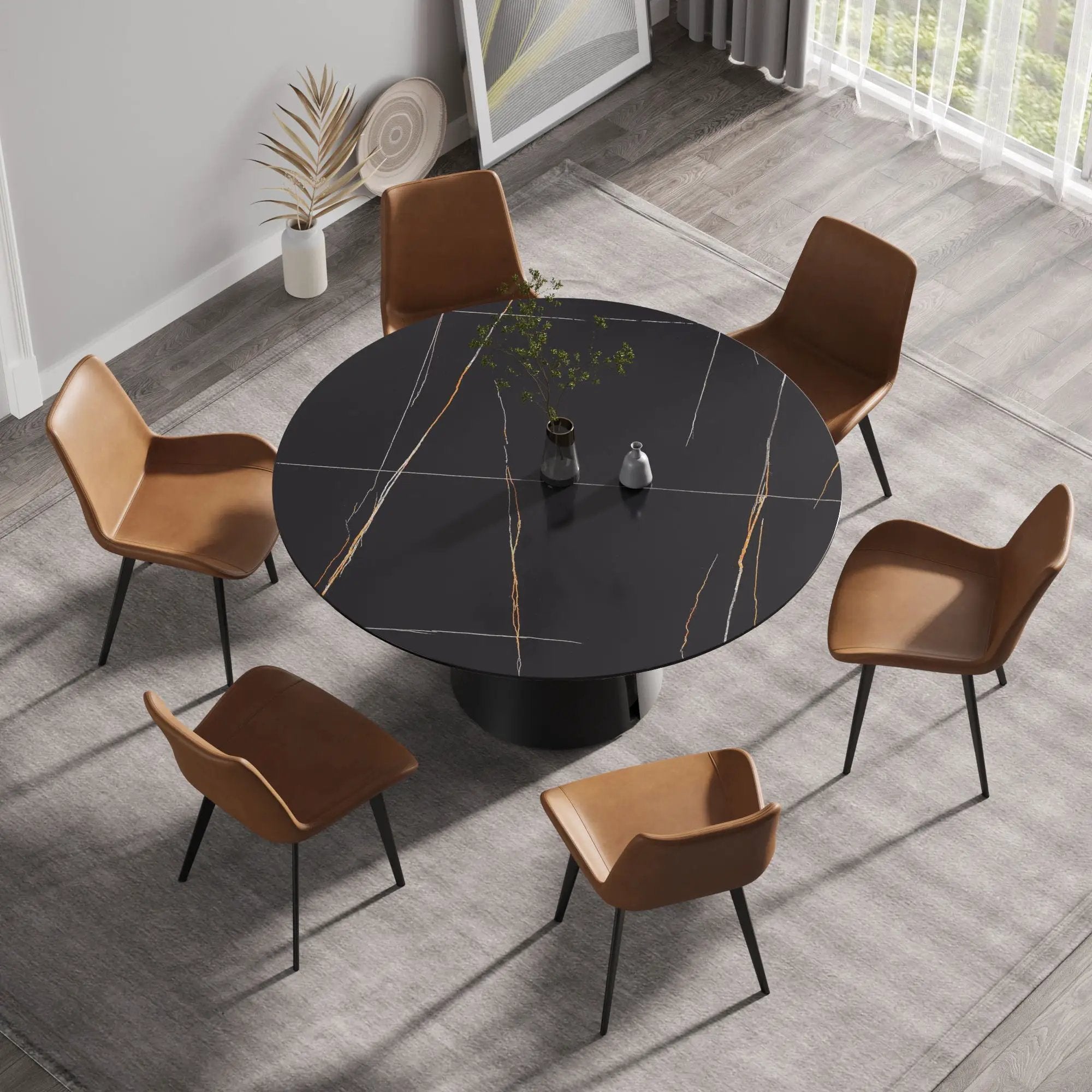 Modern Artificial Stone Round Carbon Steel Base Dining Table, Can Accommodate 6 People - Black / Gold by HouseOfZazla
