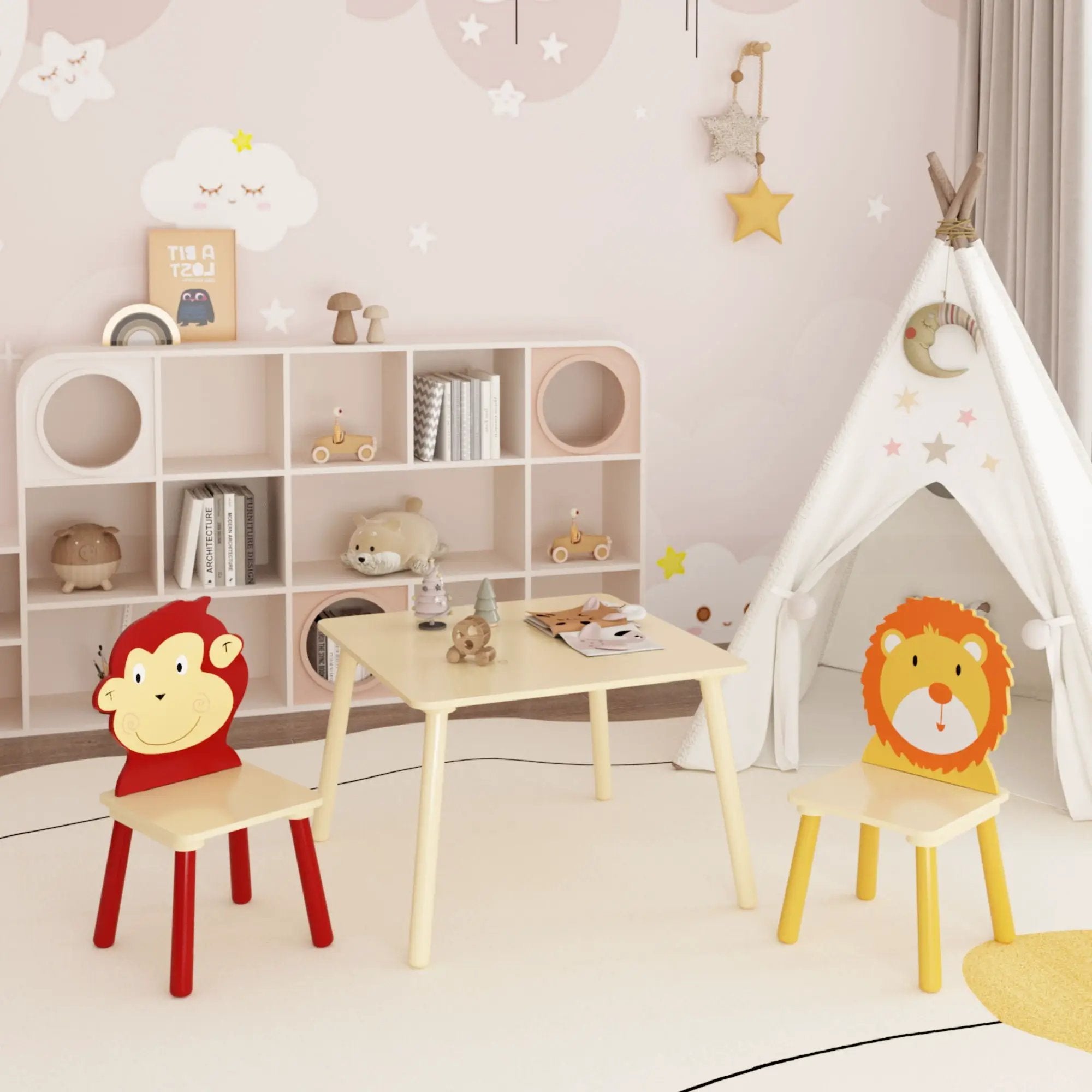 Kids Table And 2 Chairs Set, 3 Pieces Toddler Table And Chair Set, Wooden Activity Play Table Set (Lion&Monkey) - Natural by HouseOfZazla
