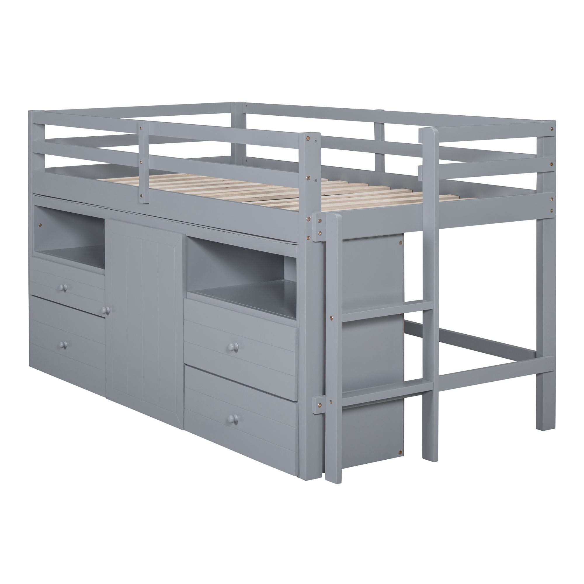 Loft Bed With 4 Drawers, Underneath Cabinet And Shelves