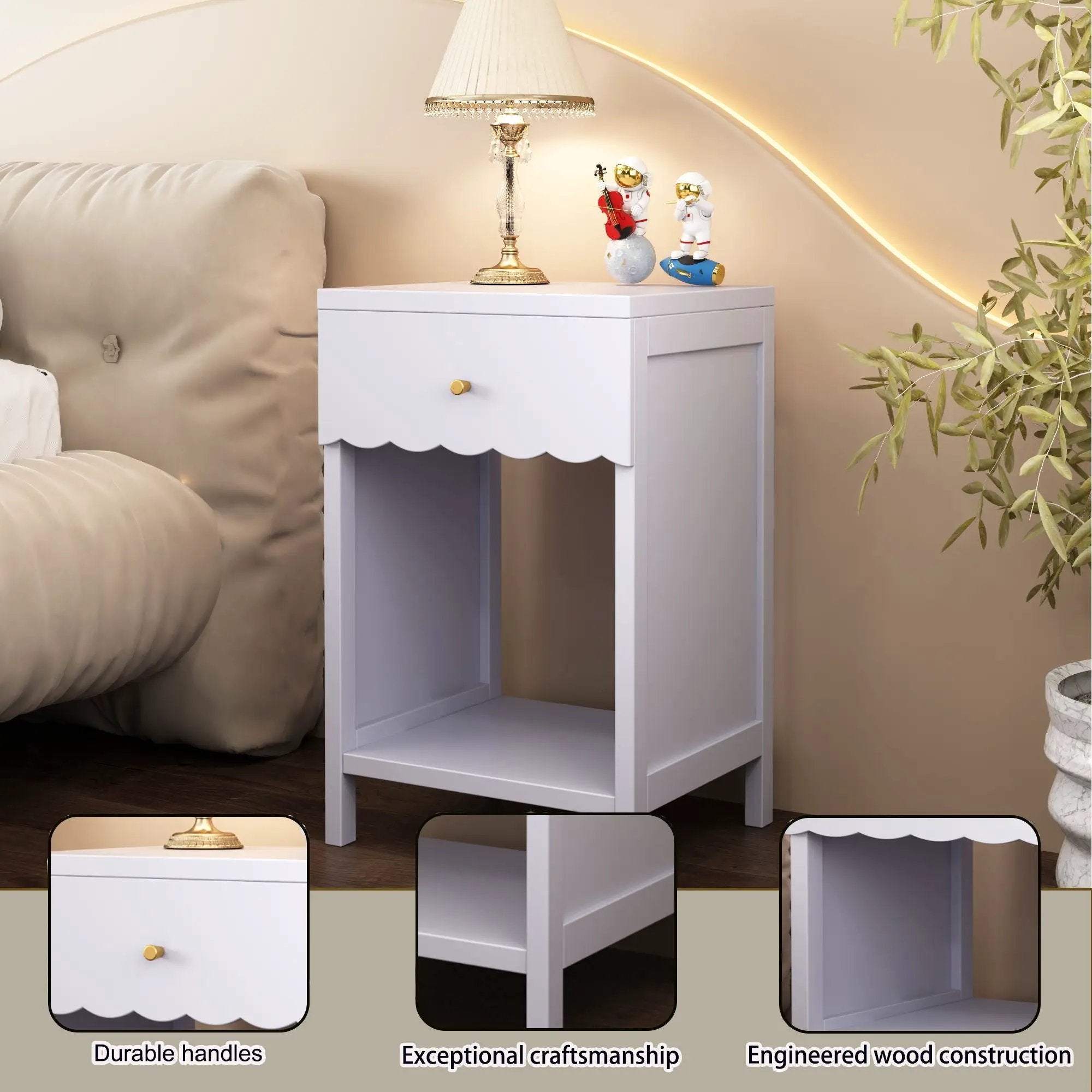 Nightstand With Drawer And Open Shelf, Scalloped Edge Bedside Table by Unique Piece Furniture