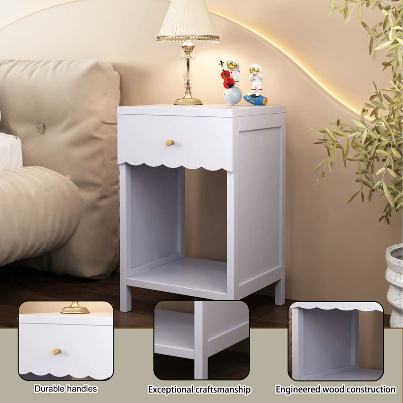 Nightstand With Drawer And Open Shelf, Scalloped Edge Bedside Table by Unique Piece Furniture