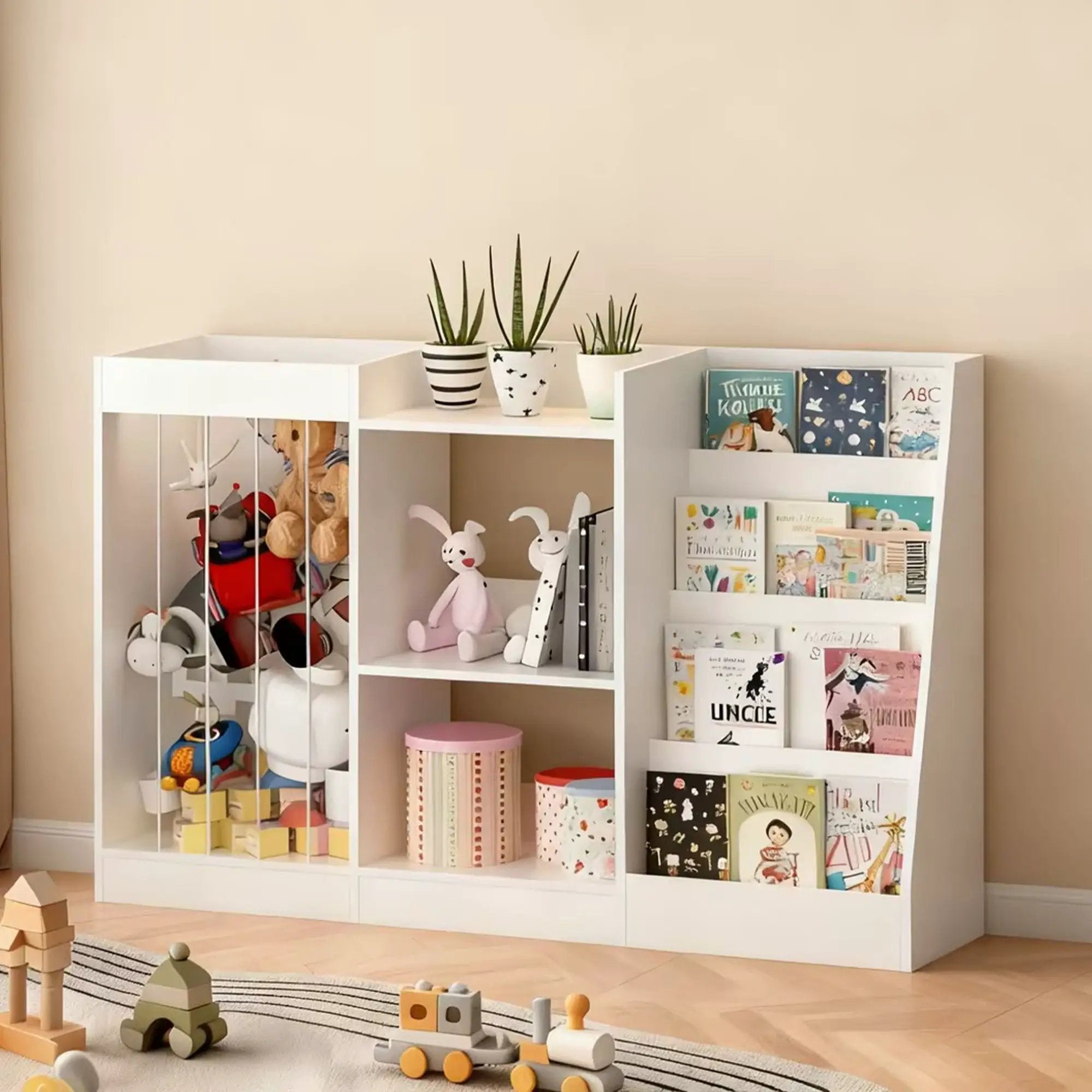 Bookshelf And Toy Storage, 3 Tier Montessori Bookcase With Stuffed Animal Organizer - White by HouseOfZazla