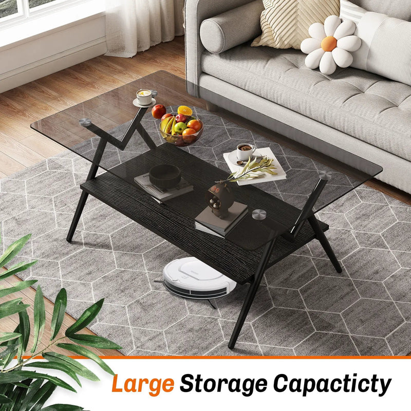 Rectangle Coffee Table With Tempered Glass Top And Shelf, Modern Table For Living Room by HouseOfZazla