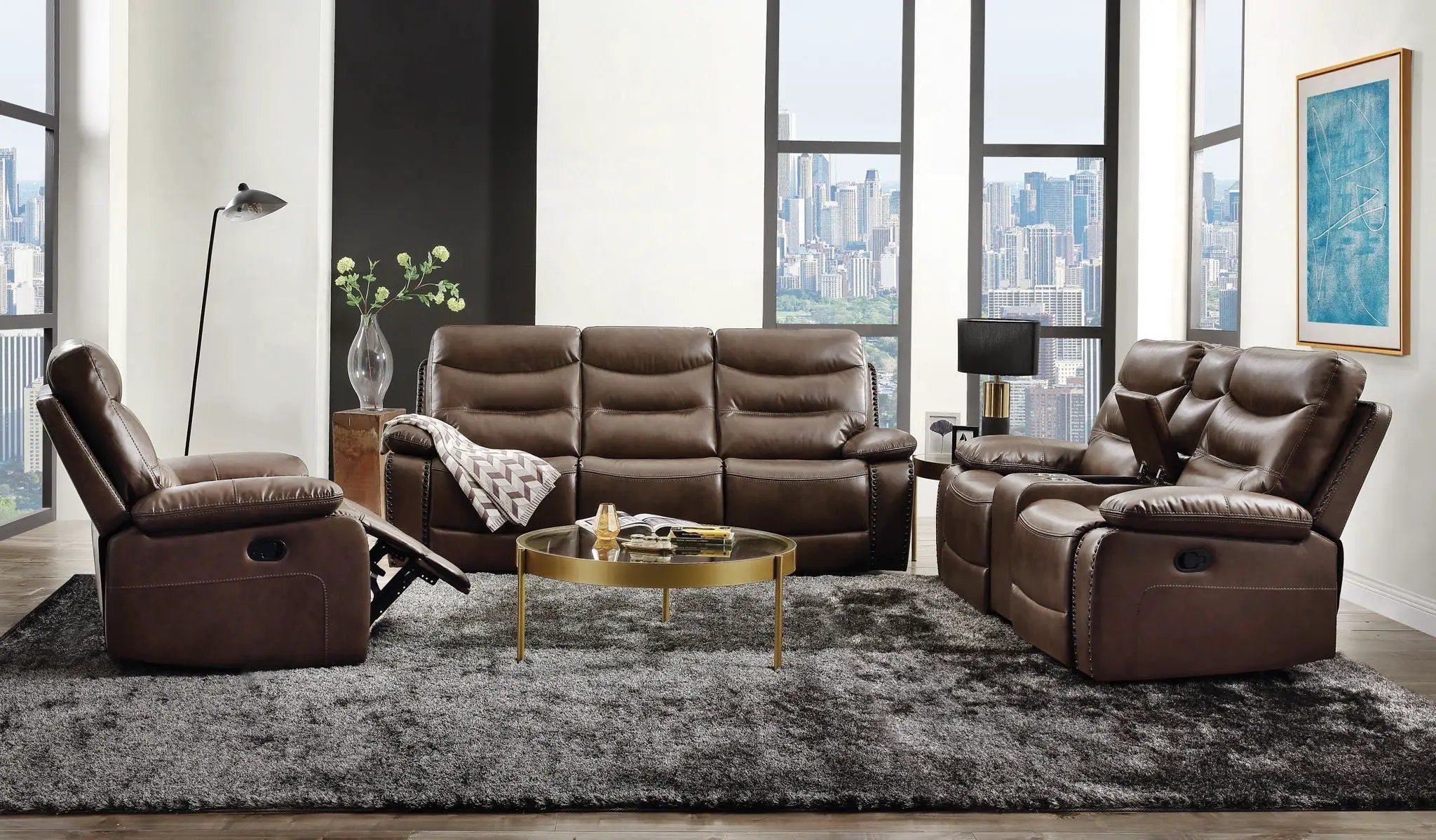 Aashi - Leather Gel Match 3 Piece Recliner Living Room Set - Brown by Unique Piece Furniture