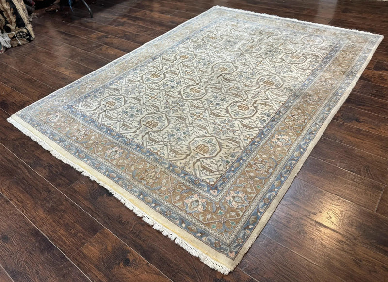 Indo Persian Rug 6x9, Beige, Allover Pattern, Vintage Wool Oriental Carpet by Jewel Rugs