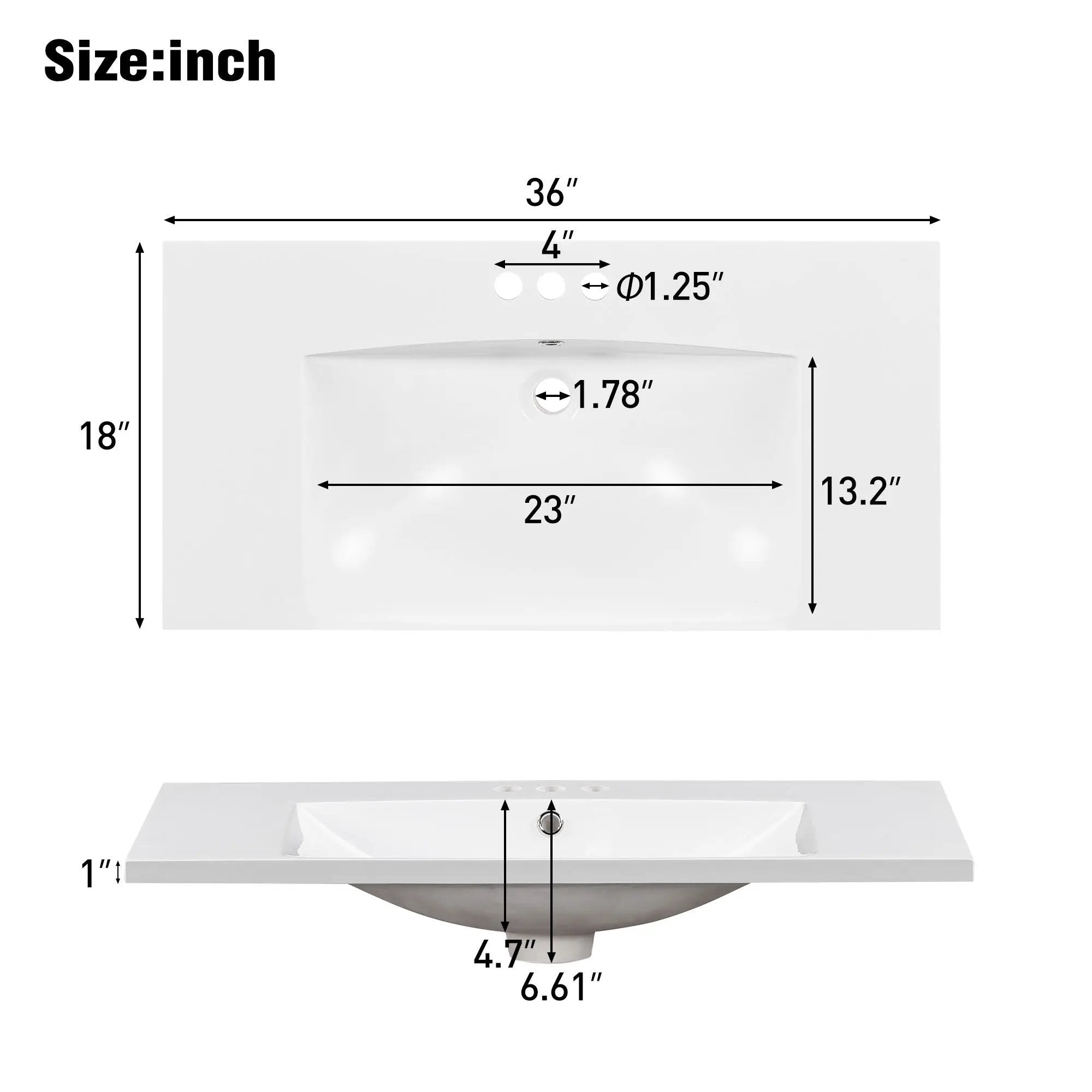 Single Bathroom Basin Sink, Vanity Top Only With 3 Faucet Holes