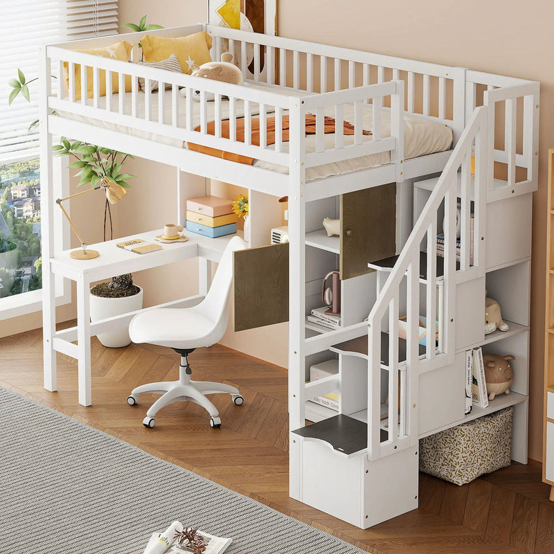 Loft Bed With Built In L Shaped Desk, LED Lights, Storage Shelves, Cabinets, And Staircase by Unique Piece Furniture
