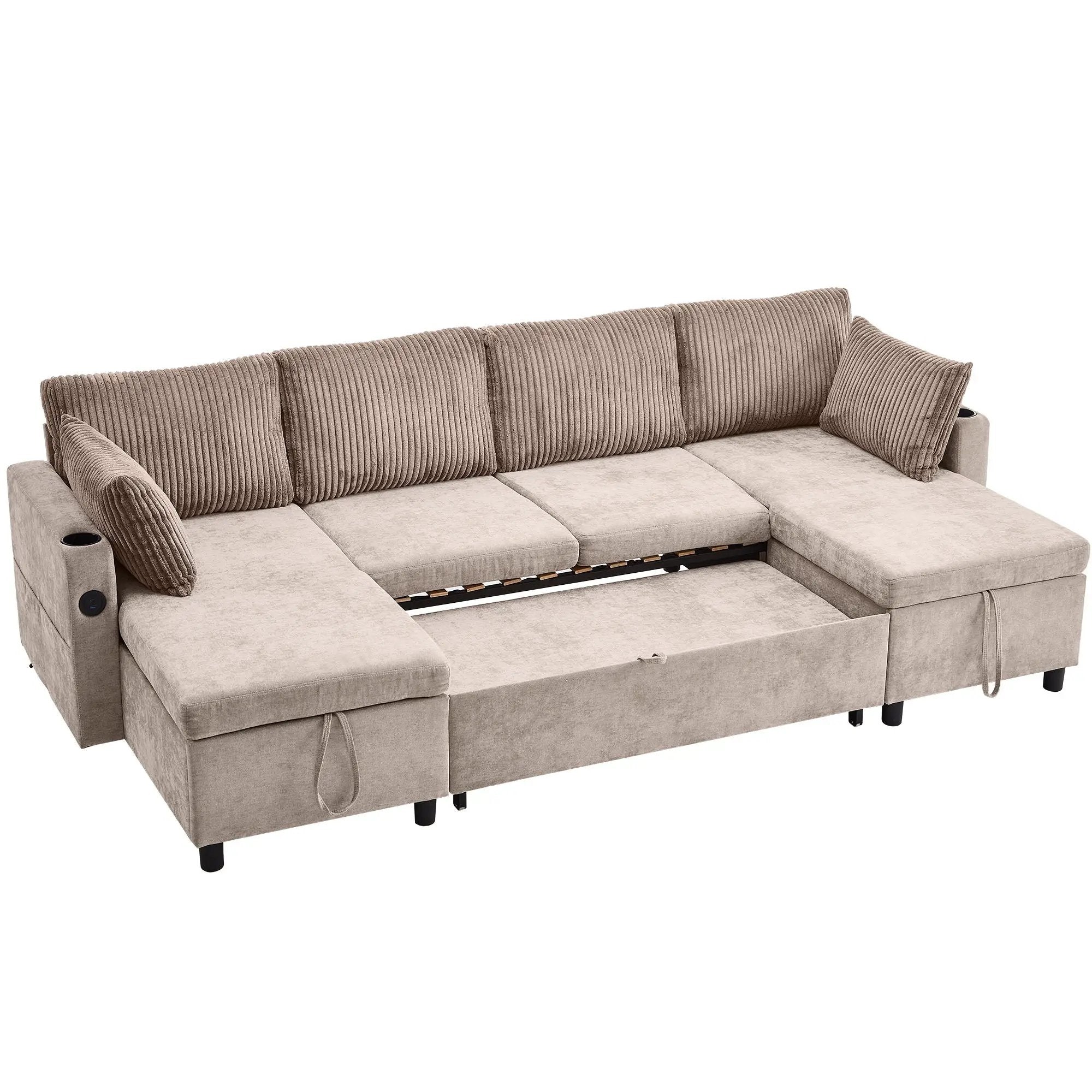 Sectional Sofa Bed With Pull Out Sleeper, USB Ports, Cup Holders by HouseOfZazla