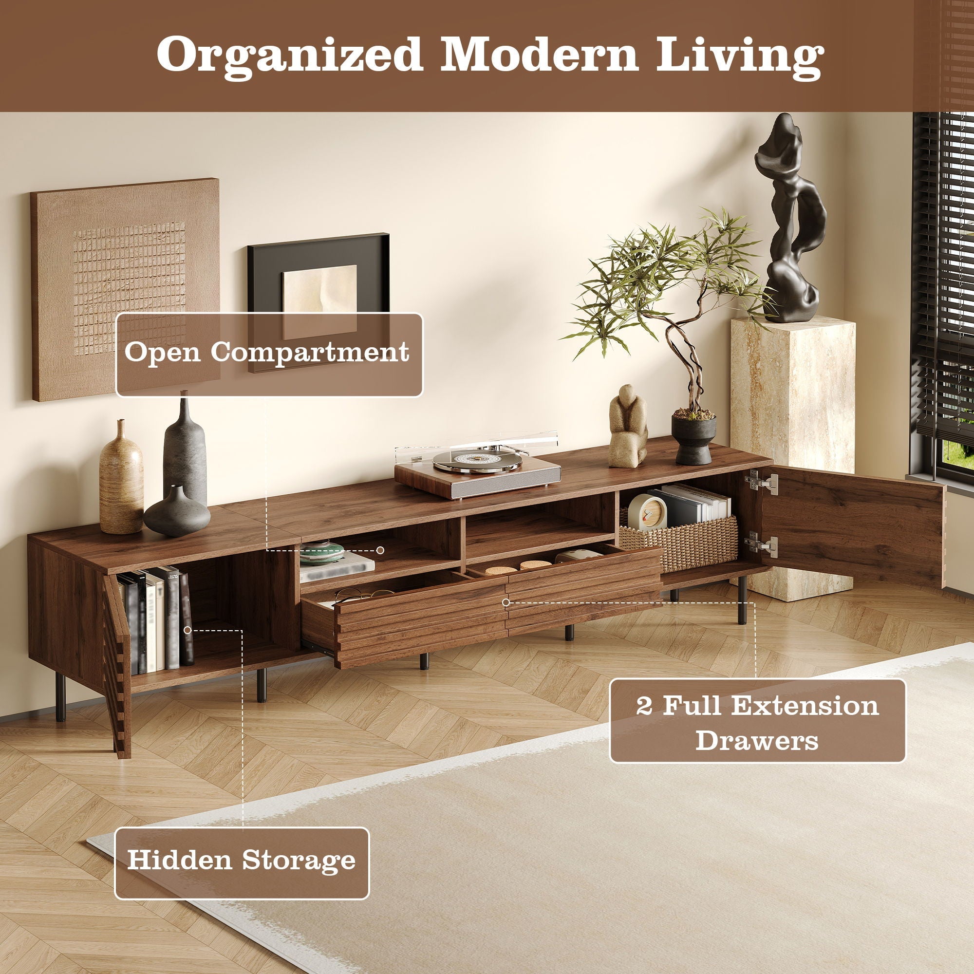 TV Stand For TVs Up To 85" With Closed Storage, Soft Closing Hinges - Walnut by Unique Piece Furniture
