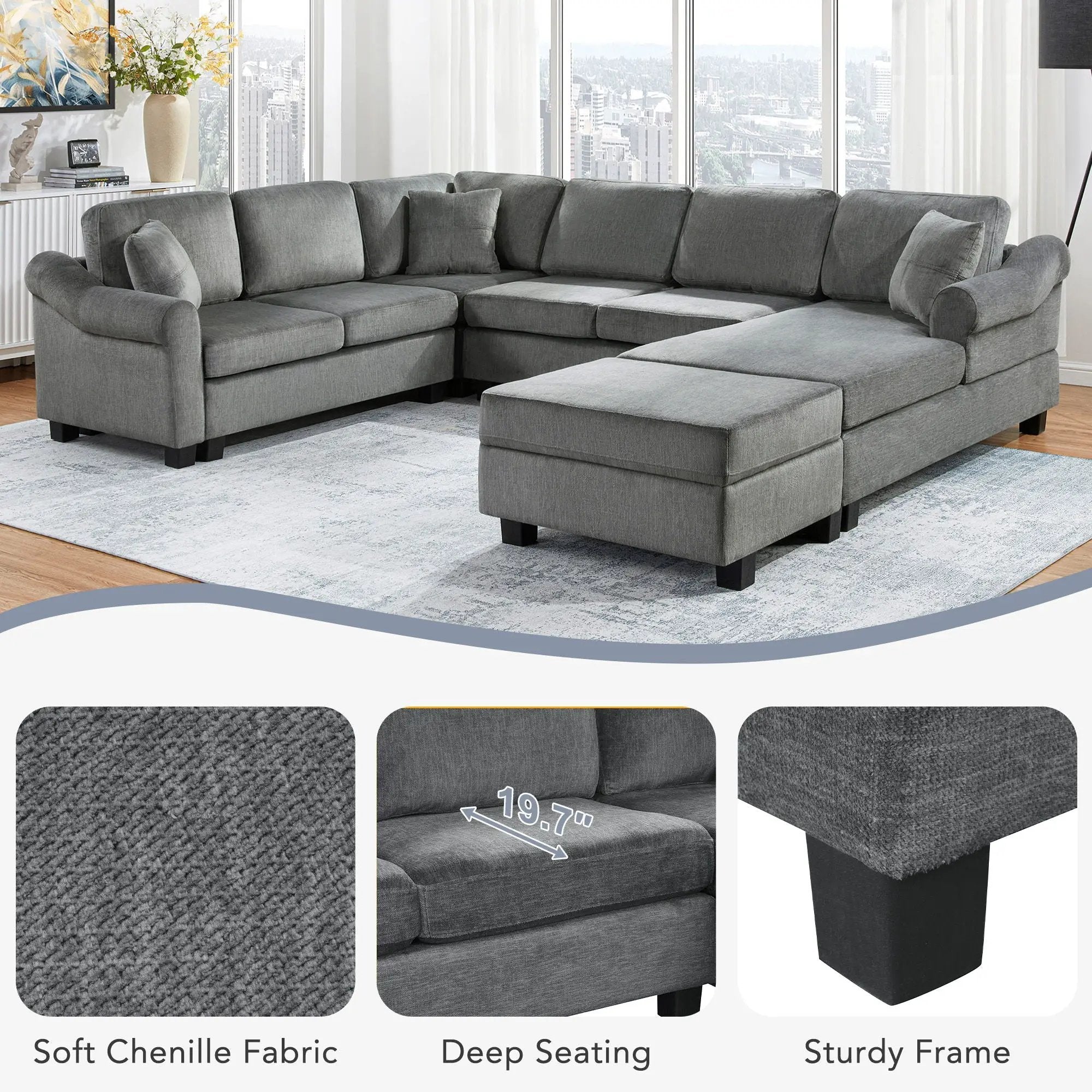 Contemporary U - Shaped Sectional Sofa With Movable Storage Ottoman by HouseOfZazla