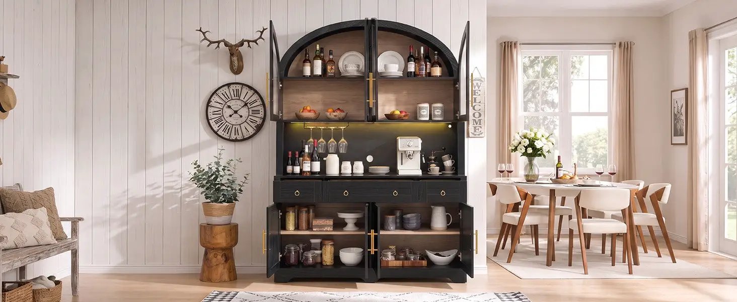 K&K 75.8" Tall Arched Kitchen Pantry Cabinet with LED & Charging Station by HouseOfZazla