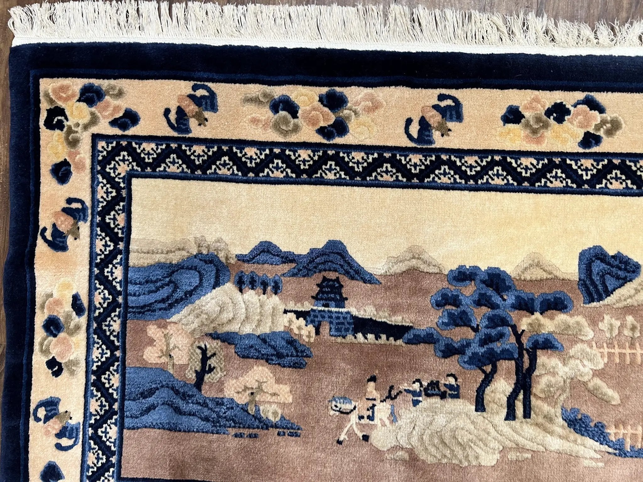 Antique Chinese Pictorial Rug 2.7 x 5, Chinese Village and Hills Carpet, Beige and Dark Blue, Handmade, Horizontal Rug Wall Hanging Tapestry by Jewel Rugs