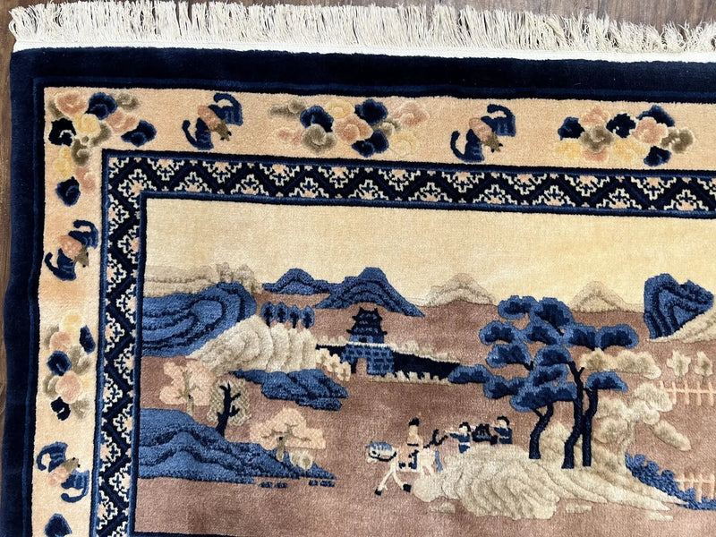 Antique Chinese Pictorial Rug 2.7 x 5, Chinese Village and Hills Carpet, Beige and Dark Blue, Handmade, Horizontal Rug Wall Hanging Tapestry by Jewel Rugs