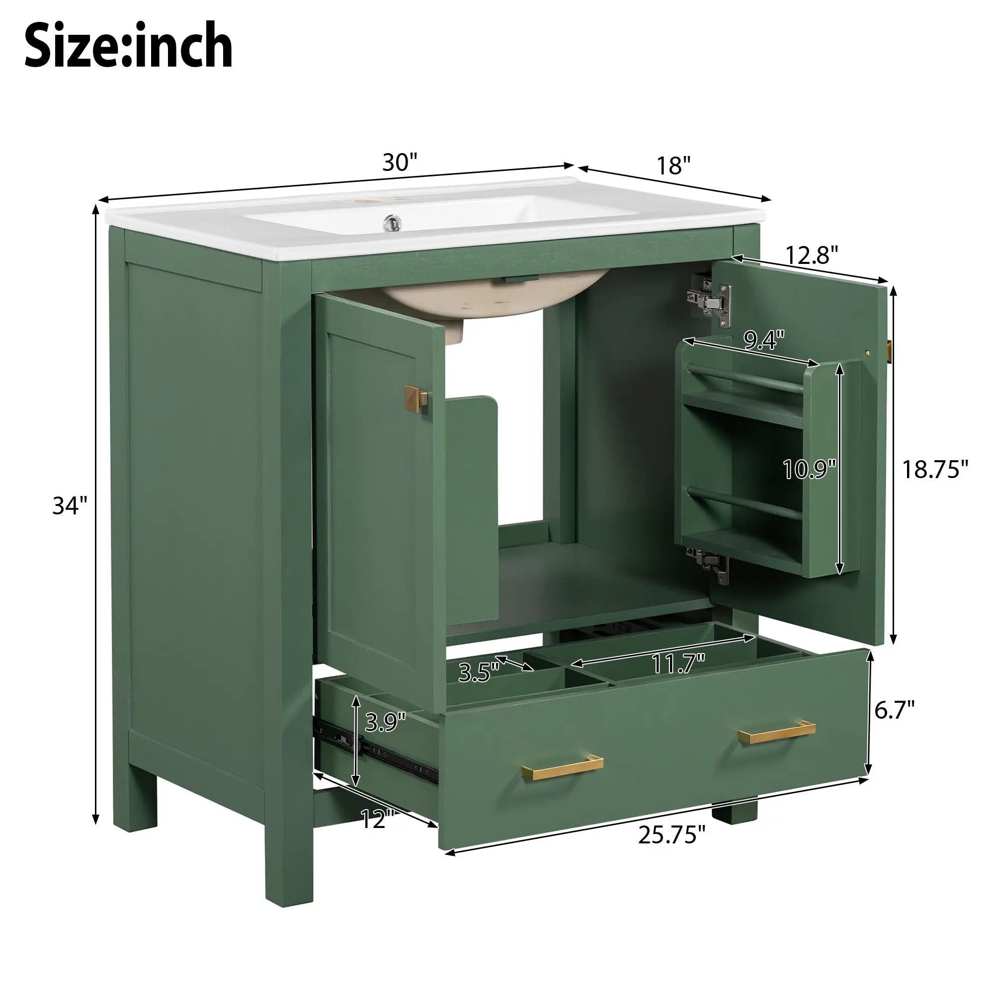Bathroom Vanity With Single Sink, Combo Cabinet Undermount Sink, Bathroom Storage Cabinet With 2 Doors And A Drawer, Soft Closing, Multifunctional Storage, Solid Wood Frame by Unique Piece Furniture