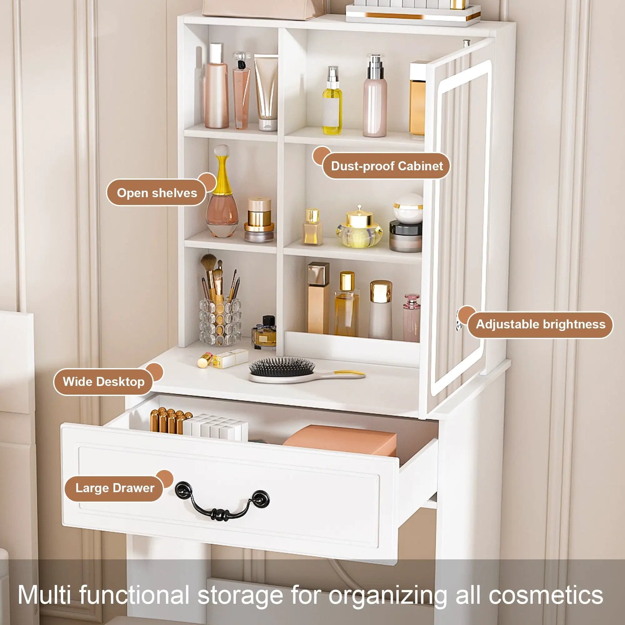 Modern Mini Dressing Table With Led-Lit Mirror & Hidden Storage, Adjustable Brightness Vanity Desk - White by Unique Piece Furniture