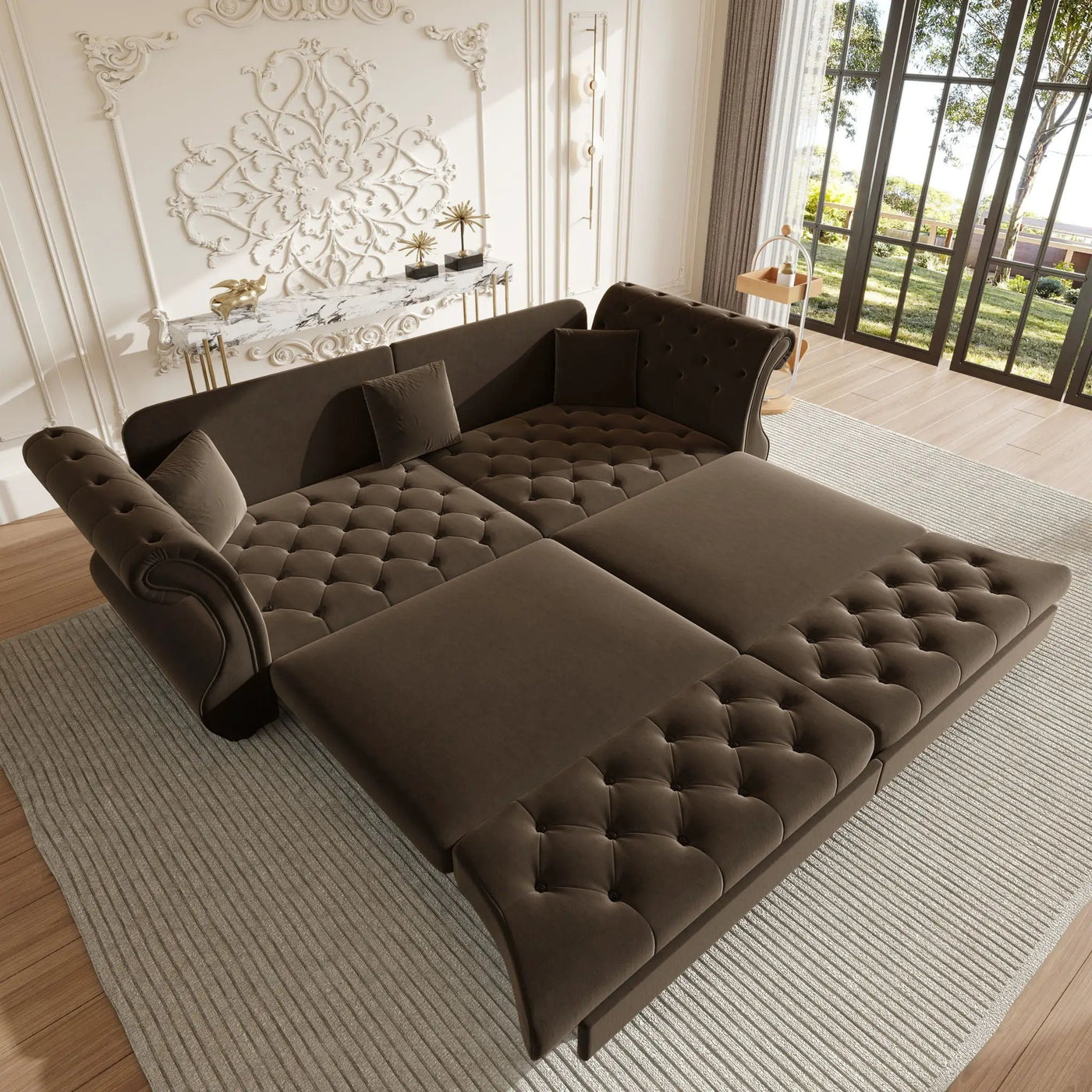 Oversized Chesterfield Pull Out Sofa Bed, Roll Arm Couch With Flower Tufting For Living Room by HouseOfZazla