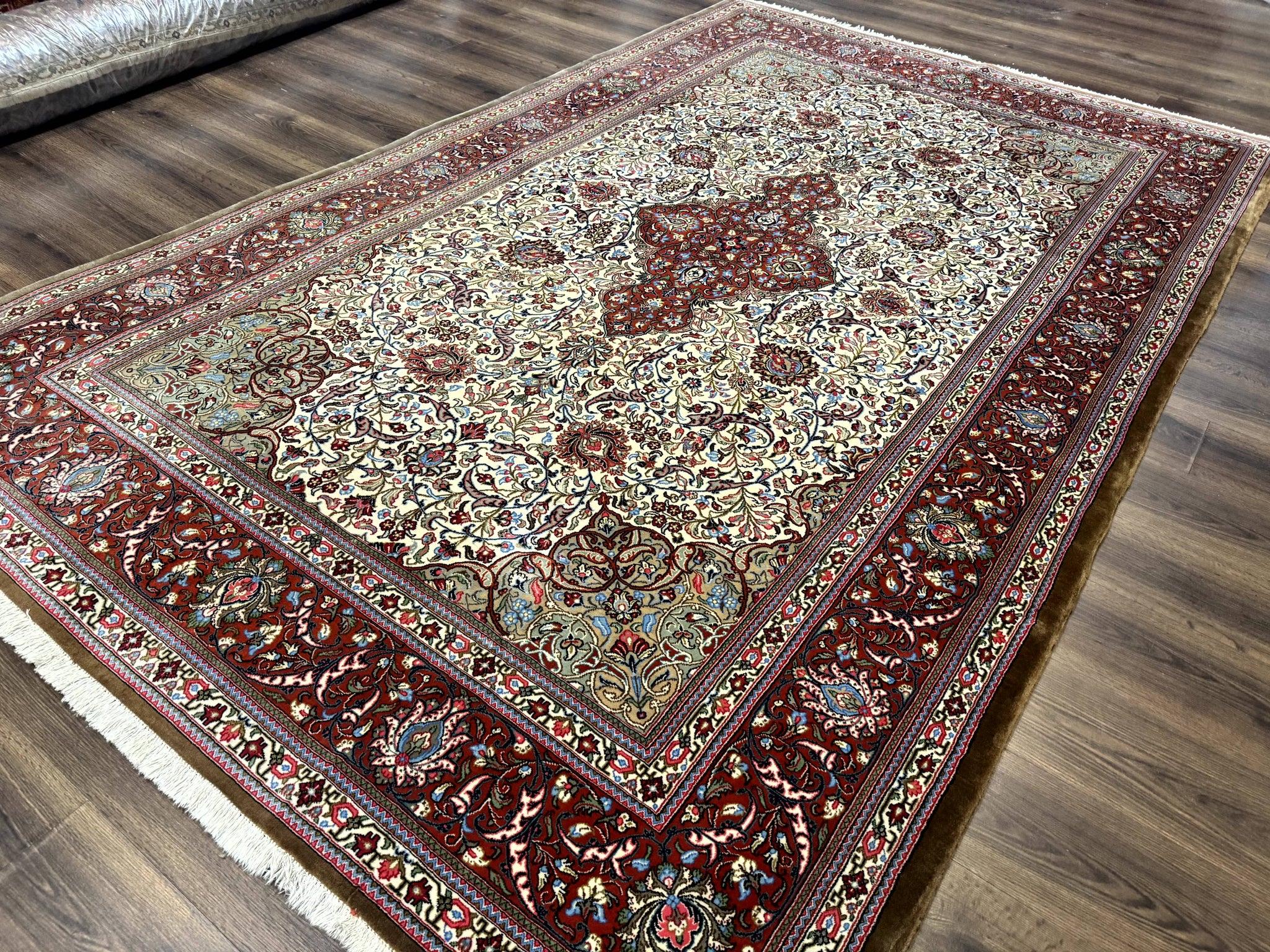 Persian Qum Rug 7x11, Beige and Red, Highly Detailed Floral Pattern, Fine 260 KPSI by Jewel Rugs