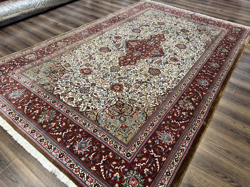 Persian Qum Rug 7x11, Beige and Red, Highly Detailed Floral Pattern, Fine 260 KPSI by Jewel Rugs