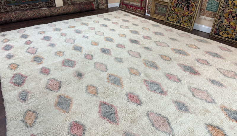 Large Modern Contemporary Indian Shag Rug 11x14, Ivory, Handmade Wool Carpet by Jewel Rugs