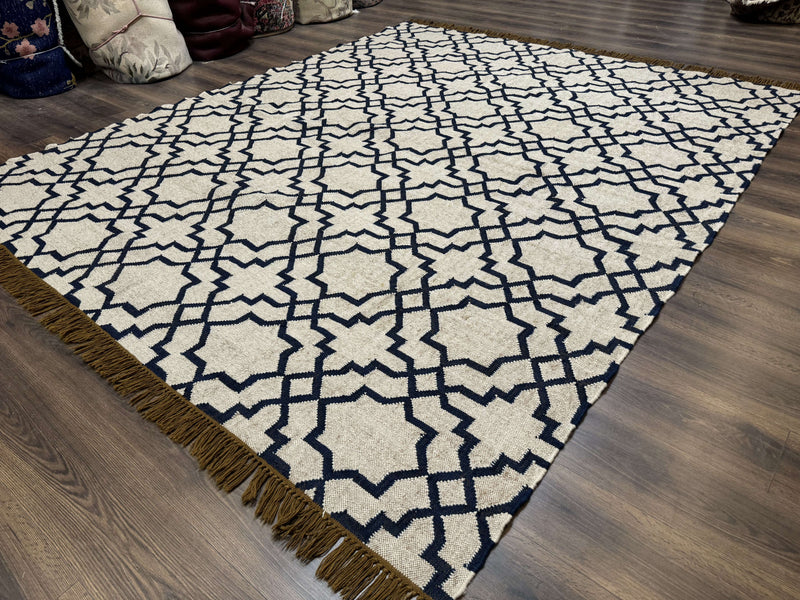 Indian Kilim Rug 8x10, Oat and Navy Blue, Dhurrie Carpet, Handmade, Wool by Jewel Rugs
