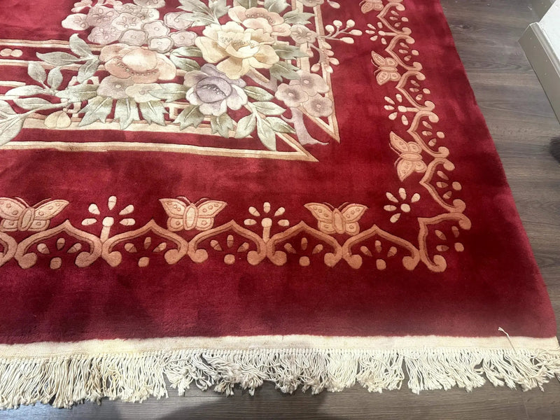 Palace Size Chinese Wool Rug 12x18, Red Art Deco Chinese Carving Carpet, Butterflies Flowers by Jewel Rugs