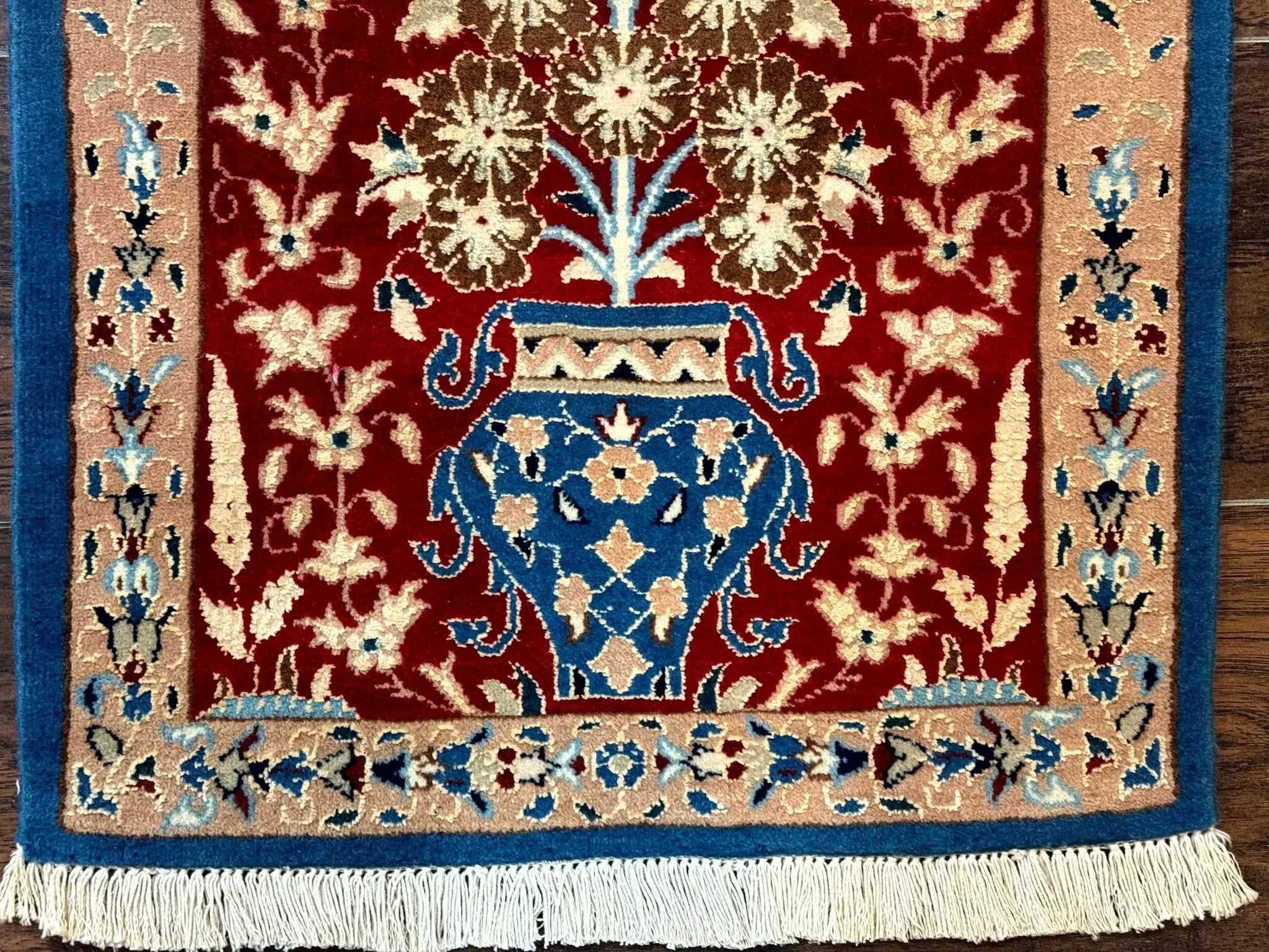 Small Persian Nain Rug, Persian Vase Tree of Life Design, Red and Blue, Very Fine 260 KPSI, Wool and Silk Highlights by Jewel Rugs